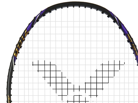 Close-up of the top half of the Victor Auraspeed 7100 4U Badminton Racket by Victor, showing its black and purple frame with white strings arranged in a V-shaped pattern.