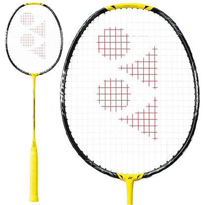 A close-up image highlights the Yonex Nanoflare 1000 Tour 4U Badminton Racket in Lightning Yellow. Its black and yellow design features strings forming red geometric shapes, perfect for advanced players. The bright yellow grip enhances both style and performance.