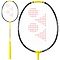 A close-up image highlights the Yonex Nanoflare 1000 Tour 4U Badminton Racket in Lightning Yellow. Its black and yellow design features strings forming red geometric shapes, perfect for advanced players. The bright yellow grip enhances both style and performance.
