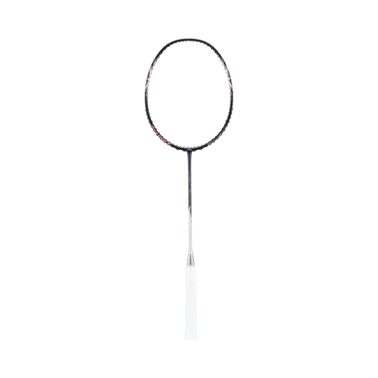 The Li-Ning Axforce Big Bang 5U Badminton Racket, featuring a flexible black frame with silver accents and a white grip, is ideal for intermediate to advanced players and is showcased on a white background.