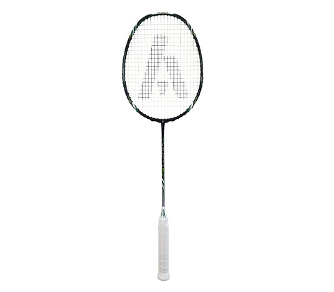 The Ashaway Vex Striker 500SL Badminton Racket, featuring a black frame, white strings, and a white handle, is showcased against a plain white background. This ultralight graphite racket by Ashaway enhances player performance with its larger sweet spot, ideal for dynamic gameplay.