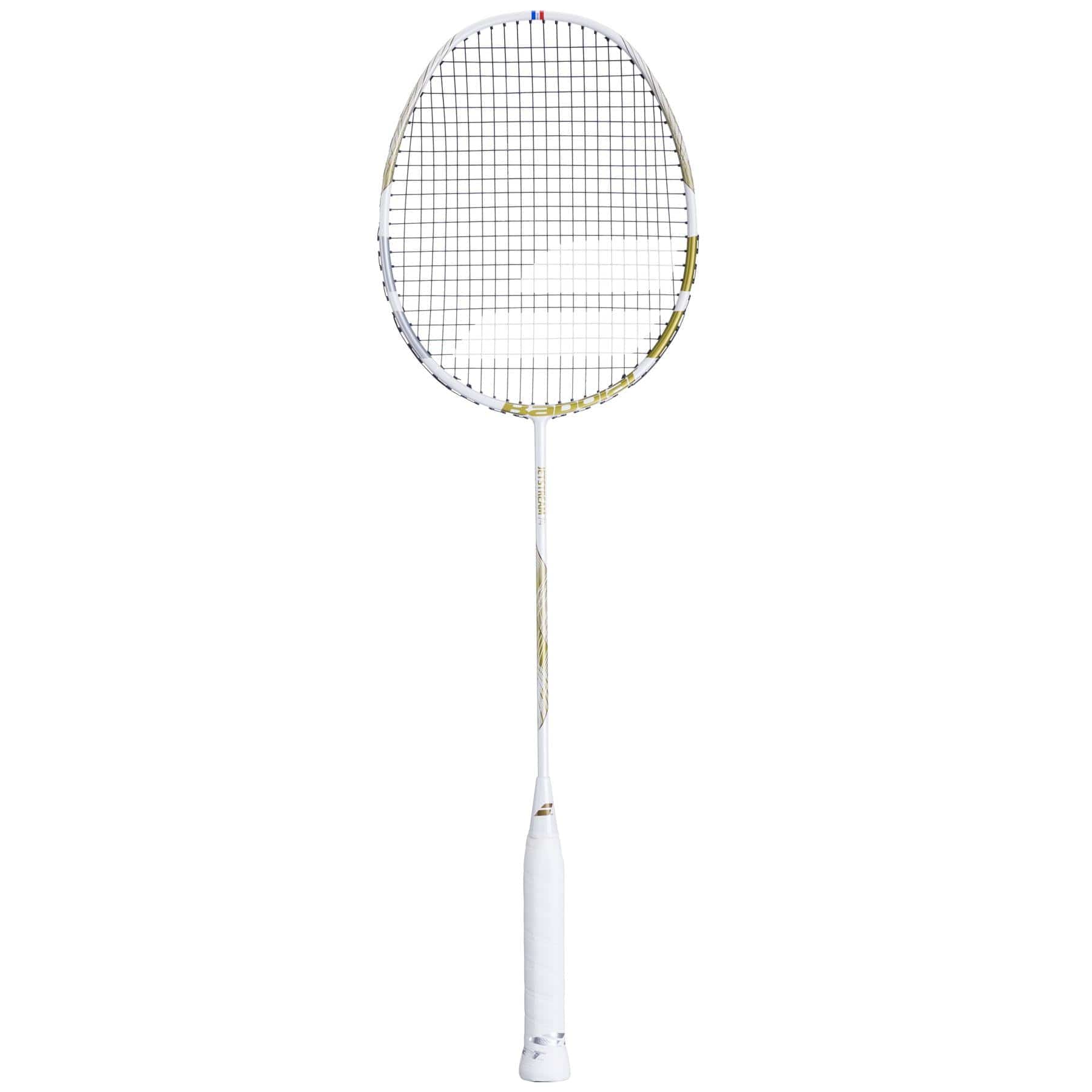 The Babolat Jetstream 74 6U badminton racket in white and gold offers precise shots with its tightly woven strings, ultra-light design for maximum control, and comfortable grip.
