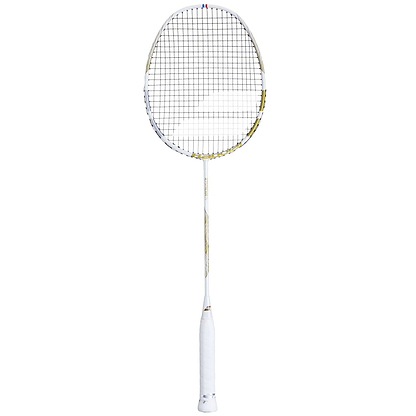 The Babolat Jetstream 74 6U badminton racket in white and gold offers precise shots with its tightly woven strings, ultra-light design for maximum control, and comfortable grip.