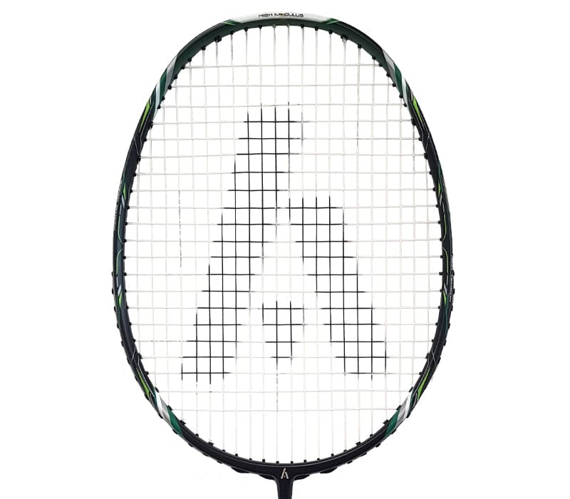 A front view of the Ashaway Vex Striker 500SL Badminton Racket showcases its dark frame and distinctive "A" pattern on the strings. This ultralight racket features green and white accents, designed to provide a larger sweet spot for precision strikes.