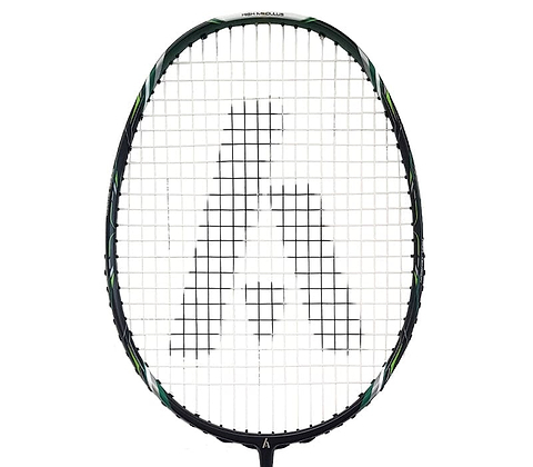 A front view of the Ashaway Vex Striker 500SL Badminton Racket showcases its dark frame and distinctive "A" pattern on the strings. This ultralight racket features green and white accents, designed to provide a larger sweet spot for precision strikes.