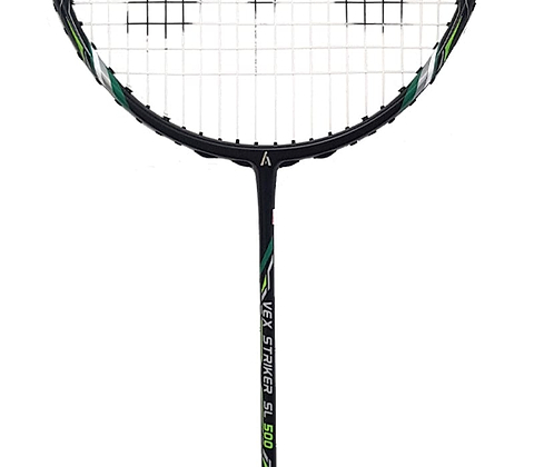 Close-up of an Ashaway Vex Striker 500SL badminton racket in black, accented with green and white. Featuring tightly strung strings, the ultralight weight racket has a graphite frame that offers a larger sweet spot for superior play.