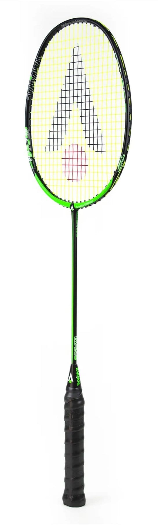 Introducing the Karakal Black Zone BZ 20 2.1 Badminton Racket, featuring an isometric head for precision, a black frame with green accents, strings forming a striking "A," and a textured black grip for a sleek modern design.