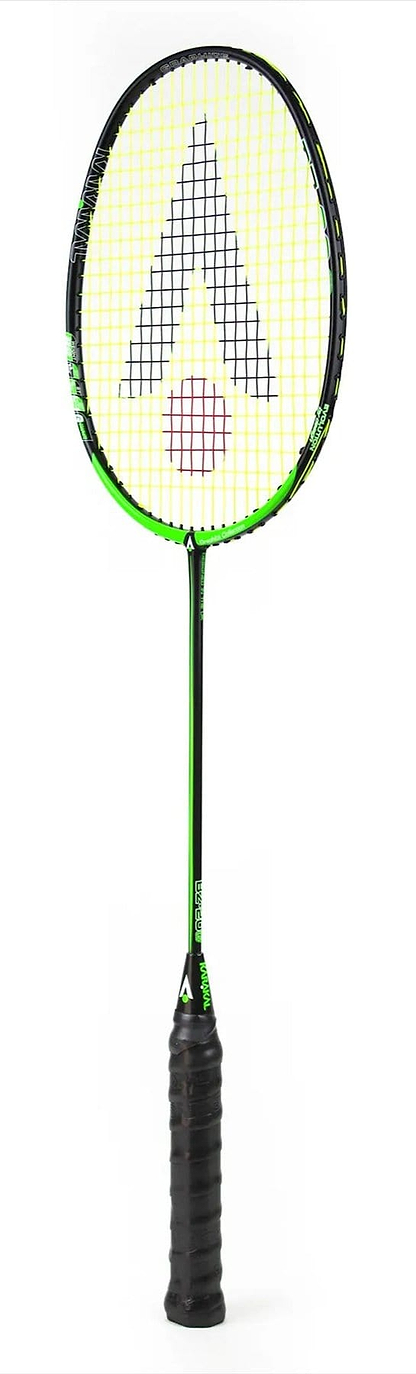 Introducing the Karakal Black Zone BZ 20 2.1 Badminton Racket, featuring an isometric head for precision, a black frame with green accents, strings forming a striking "A," and a textured black grip for a sleek modern design.
