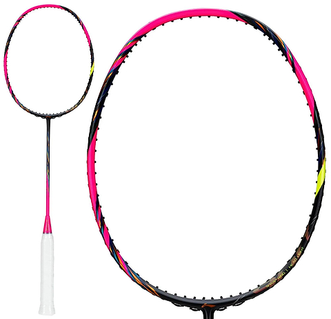 The image shows a Li-Ning BladeX 900 3U Badminton Racket - Fluorescent Pink with a white handle, pink shaft, and black, pink, yellow frame featuring TB NANO technology. It includes a full view and a close-up of the racket head.