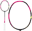 The image shows a Li-Ning BladeX 900 3U Badminton Racket - Fluorescent Pink with a white handle, pink shaft, and black, pink, yellow frame featuring TB NANO technology. It includes a full view and a close-up of the racket head.