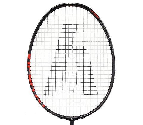 The Ashaway Viper XT 1600 Badminton Racket - Black Orange showcases a striking design with black and orange accents on the frame, complemented by white strings. The racket's standout feature is an "A" logo formed by the strings at its center, while its innovative X-Treme Tension Frame boosts performance against a straightforward white backdrop.