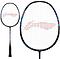 The Li-Ning Axforce Kids Badminton Racket - Black from Li-Ning showcases a black frame accented with vibrant colors and includes a bold red pattern on the strings. Displayed from two angles, it emphasizes its oval shape and grip design, making it ideal for beginners.
