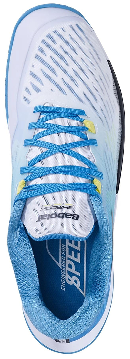 Top view of the Babolat Shadow Tour 5 Mens Badminton Shoes - Algier Blue by Babolat, featuring a white mesh upper with blue laces, yellow lace loops, and an insole that reads "ENGINEERED FOR SPEED" in white on a blue background.