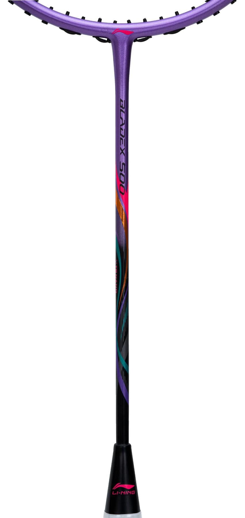 A close-up of the Li-Ning BladeX 500 3U Badminton Racket - Zircon, showcasing its purple and black design with colorful accents and TB Nano technology on the shaft and head, set against a white background.