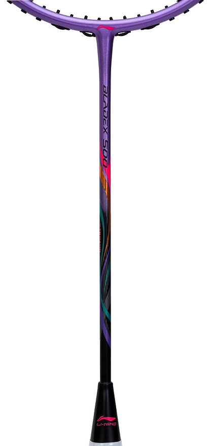A close-up of the Li-Ning BladeX 500 3U Badminton Racket - Zircon, showcasing its purple and black design with colorful accents and TB Nano technology on the shaft and head, set against a white background.