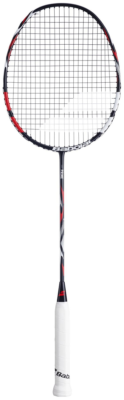 The Babolat Prime 2026 Badminton Racket in black and white features a lightweight frame, white grip, and tightly strung net. The "Babolat" branding is visible on the grip, making it ideal for beginner players.