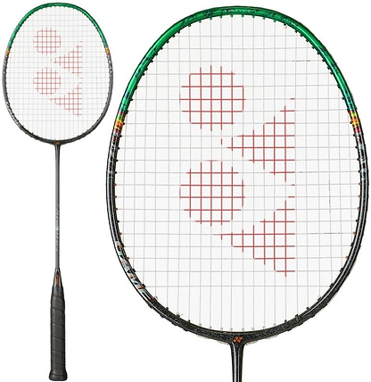 The Yonex Astrox 99 Game 4U Badminton Racket in Black/Green by Yonex is shown with a black grip, green accents, red Yonex logo on the strings, and close-up detail of its Rotational Generator System on the racket head.