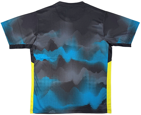The Yonex YTM2025A Men's Badminton T-Shirt in black features blue and gray pixelated back graphics, yellow side panels, Air-Release ventilation, and Quick-Dry technology for cool, comfortable play.
