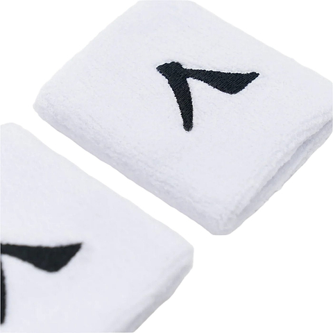Two white Kanso 7cm wristbands are displayed against a light surface, each crafted from absorbent fabric. They feature an abstract black design akin to a "V" or bird, embodying Kanso's sleek simplicity. The texture appears soft and plush.