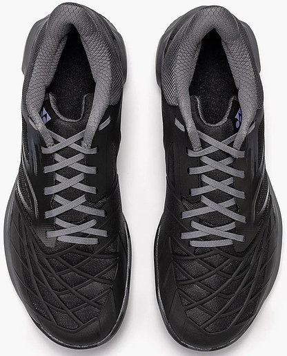 A top view of Yonex Power Cushion Cascade Drive 3 Unisex Badminton Shoes in black/grey, showing gray laces, a gray inner lining, and textured toe and sides on a white background.