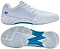 Yonex Power Cushion Aerus X2 Unisex Badminton Shoes in white with blue accents. One shoe shows the Yonex logo from the side, while the other reveals a textured sole with hexagonal patterns and "YONEX" branding.