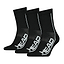 The HEAD Performance Badminton Socks (3 Pack) in black and white feature the "HEAD" branding on the side, a ribbed cuff, and a textured design for enhanced comfort. These athletic ankle socks provide arch support and are displayed in a row, highlighting their side profile.