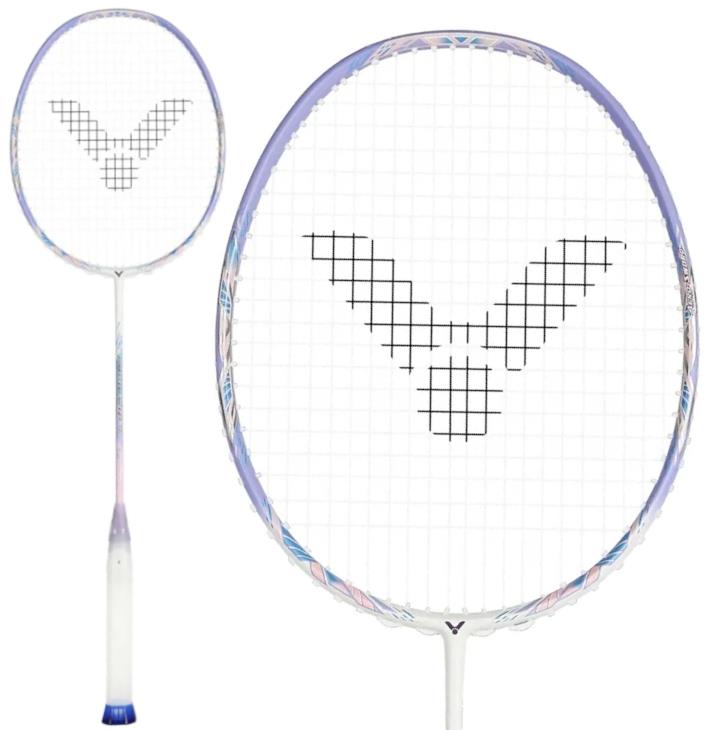 The Victor Jetspeed S 12FTD T 4U Badminton Racket by Victor features a violet Aero-Sword frame, a stylized bird logo on the strings, and a white handle accented with blue at the base.
