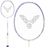 The Victor Jetspeed S 12FTD T 4U Badminton Racket by Victor features a violet Aero-Sword frame, a stylized bird logo on the strings, and a white handle accented with blue at the base.