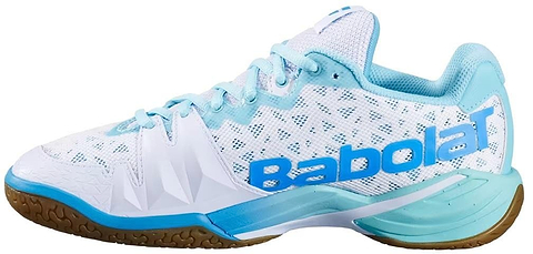 The Babolat Shadow 4 Women’s Badminton Shoes in White Lagoon feature a mesh design, gum sole, and bold blue "Babolat" branding—ideal for stylish court performance.