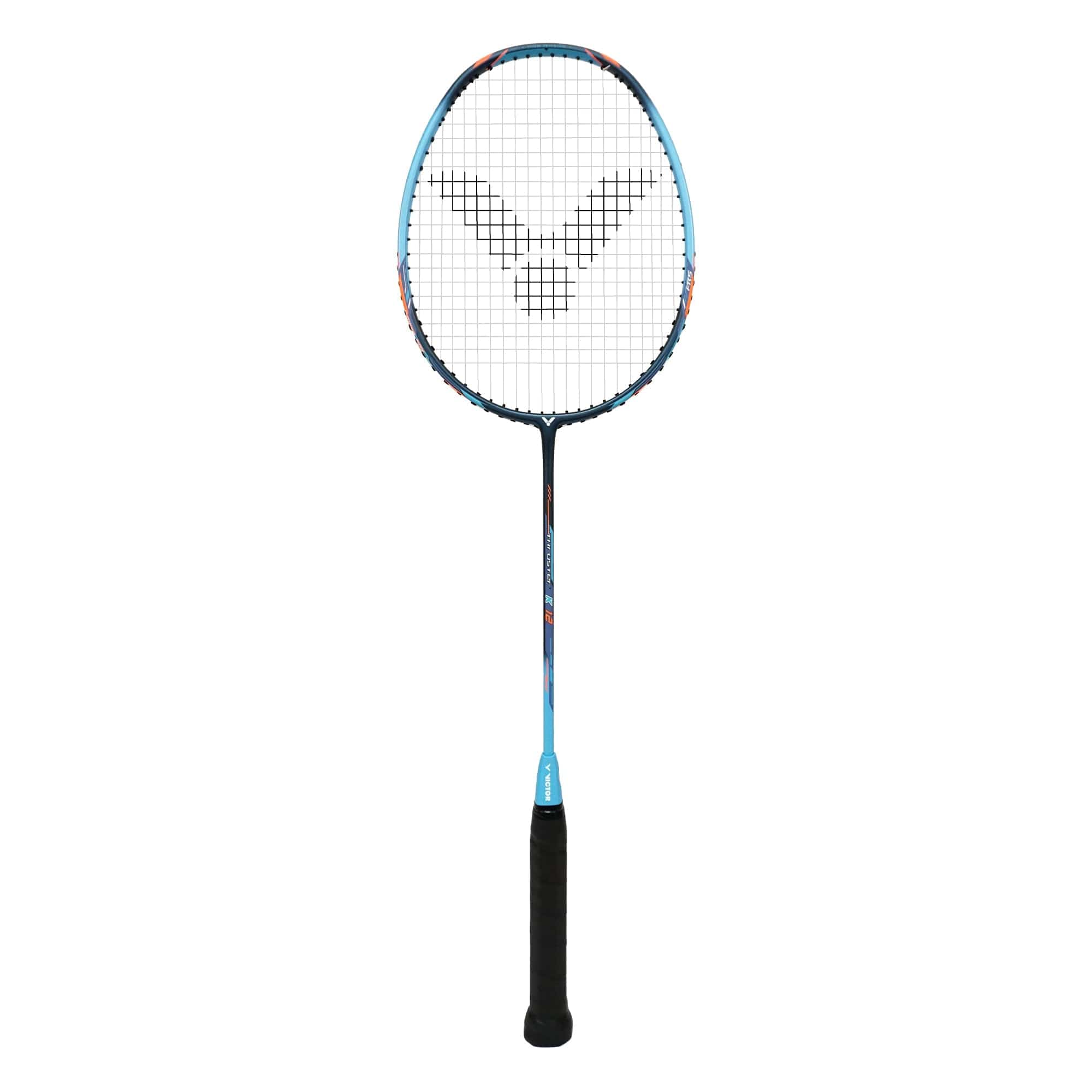 The Victor Thruster K 12 M Badminton Racket by Victor, featuring a blue and orange design with a grid pattern on the strings and a logo at the center, boasts a head-heavy TK-12 build for enhanced striking power. Its Fibre Reinforced System ensures durability, and the black grip tape on the handle complements its slim and lightweight construction.