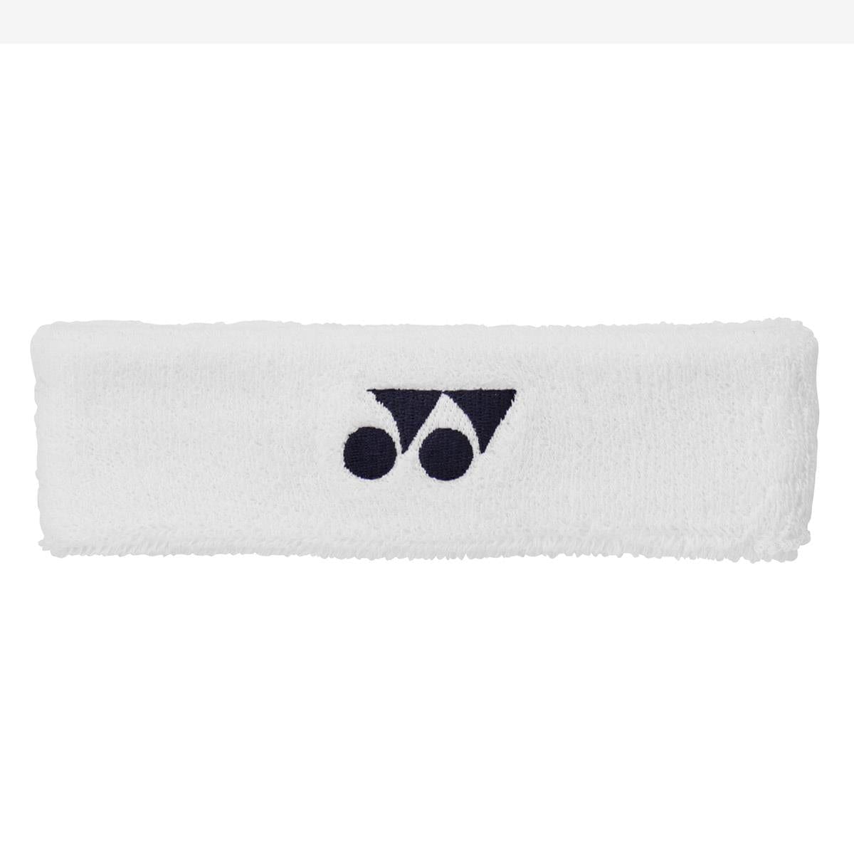 A white Yonex AC259 Headband, showcasing a black logo with two circles and a triangle. It has a soft appearance and is laid flat against a plain background.