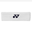 A white Yonex AC259 Headband, showcasing a black logo with two circles and a triangle. It has a soft appearance and is laid flat against a plain background.