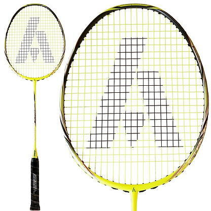 The Ashaway Phantom X-Speed III Badminton Racket in Yellow showcases a vibrant yellow frame complemented by a black grip, featuring a prominent large "A" logo on the strings. With two perspectives for viewing, this sleek design is further enhanced by the Phantom Airflow System for optimal performance.