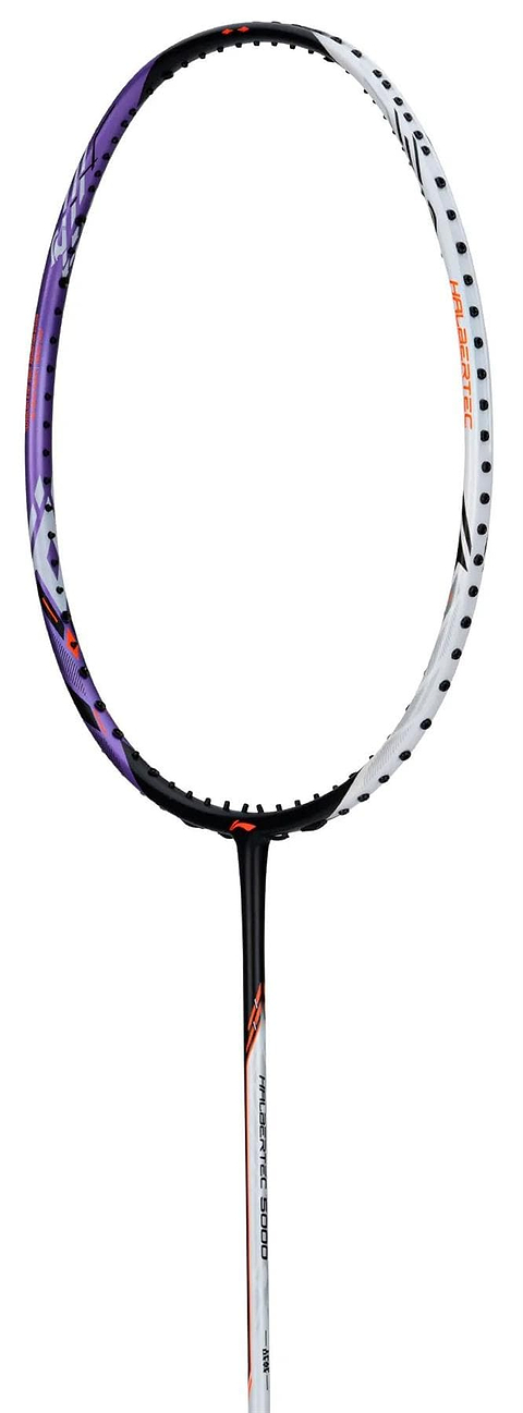 The Li-Ning Halbertec 5000 4U Badminton Racket in white and purple features orange accents, branding on the shaft, and a high modulus graphite frame. It is shown against a white background.