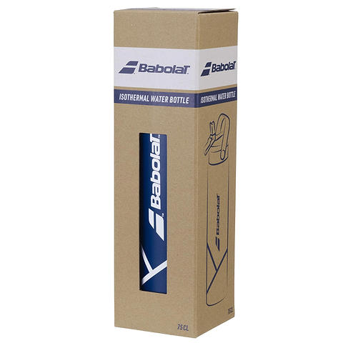 The Babolat Isothermal 750ml Water Bottle in blue is partially visible through a rectangular cutout in its cardboard packaging, which features the Babolat brand logo and product details.
