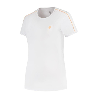 The K-Swiss Hypercourt Crew Tee 3 Women's Badminton T-Shirt in white showcases a sleek design with short sleeves and understated yellow stripes on the shoulders. A small, circular logo adorns the chest, all set against a plain white background.