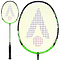 The Karakal Black Zone BZ 20 2.1 Badminton Racket in black and green features a large triangular logo on the strings with a red dot below. Its isometric head design and black-wrapped handle enhance playability, while the lightweight, glossy frame is ideal for performance-driven players.