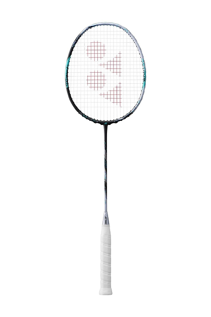 The Yonex Astrox 88D Pro 4U Gen 3 2024 badminton racket boasts a stylish black and silver frame, featuring white strings adorned with the Yonex logo, complemented by a white grip. It is perfect for defensive players who excel in backcourt play.