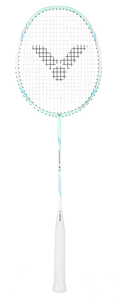 The Victor Thruster K 8 G 4U Badminton Racket by Victor in light cyan features Power Box technology for improved stability and power, shown vertically with a light background, white strings, and a white grip.