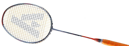 The Ashaway Phantom Shard 3 3U Badminton Racket by Ashaway features Shardtech technology, an orange handle, and a silver frame with geometric string patterns on a white background.