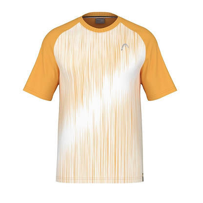 The HEAD Performance Men's Badminton T-Shirt - XPBN features orange sleeves and collar, a white front with vertical orange streaks, moisture-wicking fabric, and a small left-chest logo—ideal for tennis or badminton.