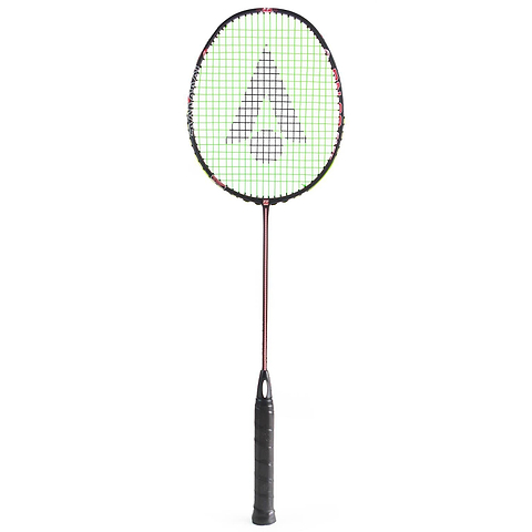 Introducing the Karakal BN-60 Fast Fibre Badminton Racket in Black/Red, a lightweight masterpiece featuring a black handle and frame. It showcases a triangular logo on its string pattern, crafted from Fast Fibre Carbon Gel. The sleek racket is elegantly displayed against a plain white background.