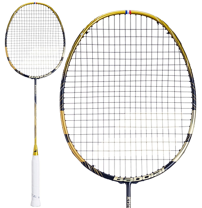 The Babolat Jetstream 83 4U Badminton Racket in gold and black features a white handle and tightly strung netting for enhanced maneuverability, with "Babolat" prominently displayed on the handle and netting. A close-up of the racket head is shown on the left.