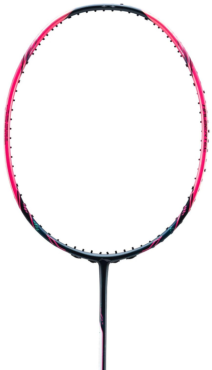 A close-up of the Li-Ning Halbertec Motor Pro 5U Badminton Racket in black and pink shows its unstrung high-modulus graphite frame, with the head and shaft visible vertically against a white background.