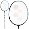 A close-up image features the Yonex Astrox 88D Game 4U Gen 3 2024 badminton racket, showcasing its black and silver frame and white grip. The strings are adorned with a red logo pattern. This large racket head, crafted for power and control, has another smaller head visible in the background.