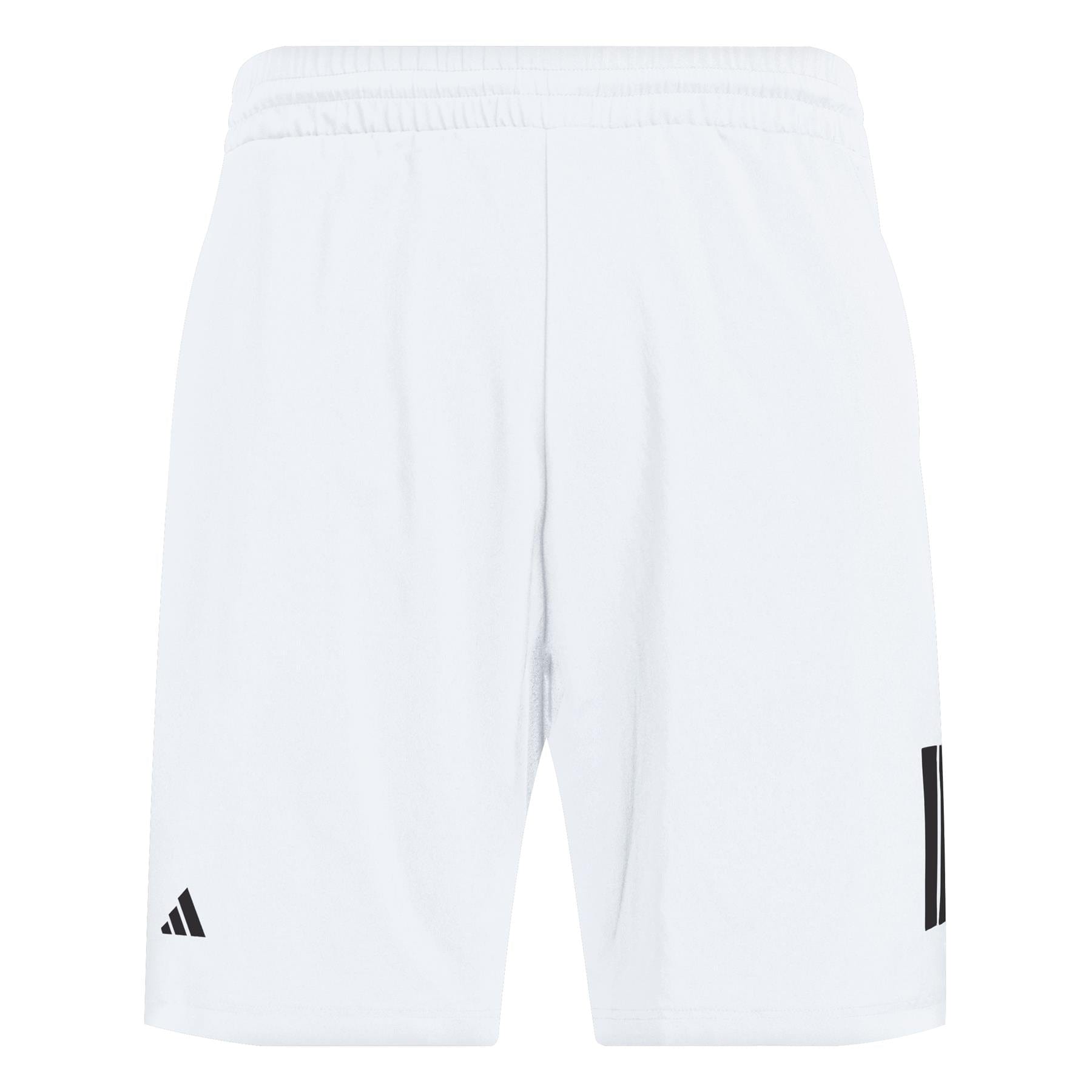 Adidas' Men's 3 Stripe Badminton Shorts in white feature an elastic waistband, the Club logo on the left leg, and three black stripes on the lower right side. These plain shorts are moisture-wicking and designed for optimal athletic performance.
