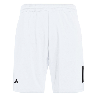 Adidas' Men's 3 Stripe Badminton Shorts in white feature an elastic waistband, the Club logo on the left leg, and three black stripes on the lower right side. These plain shorts are moisture-wicking and designed for optimal athletic performance.