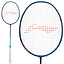 The Li-Ning Axforce 50 4U Badminton Racket - Blue is displayed in two perspectives. The primary view showcases the racket's full length, highlighting its blue frame and white strings accented with an orange design. This racket, crafted for advanced players, also features a detailed close-up of the head and string pattern, with the handle wrapped in white grip tape.