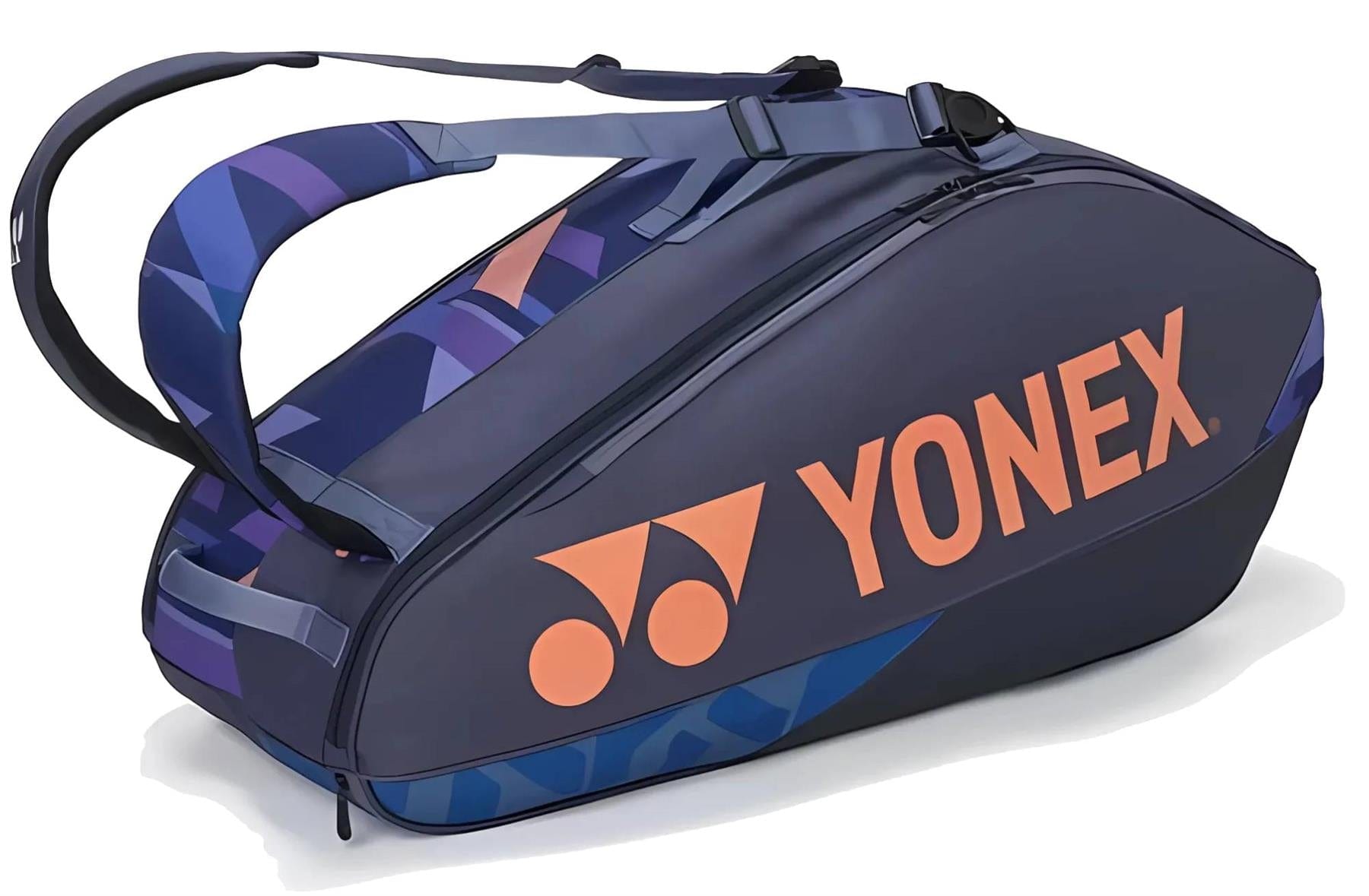 The Yonex 92426EX 6 Racket Pro Tennis Bag in Midnight Navy holds up to 6 rackets and features two shoulder straps for easy carrying, with a bold orange logo and geometric blue accents for a sporty look.