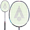 Close-up of the Karakal Black Zone BZ Pro Badminton Racket in black, showcasing an isometric head with a green and black string pattern forming a triangle. A lightweight frame and dark handle complement its Muscle Tec Technology, making it perfect for sports activities.